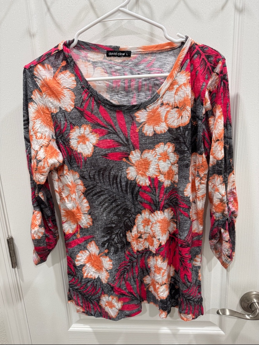 David Cline Floral Scoop Neck Top in Orange, Pink & Gray